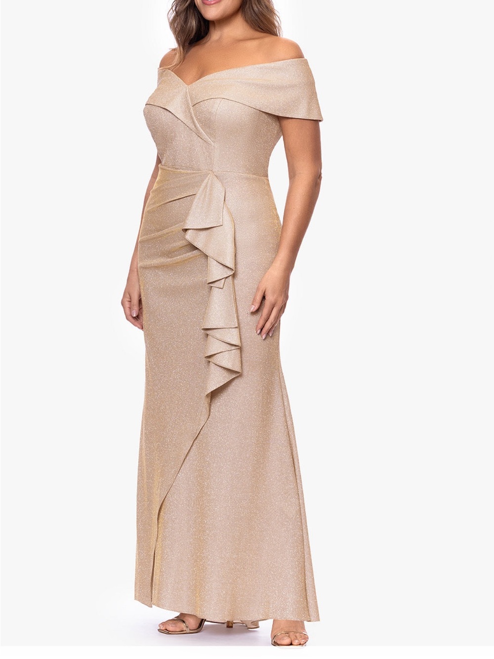 Xscape Off-Shoulder Shimmering Champagne Gown